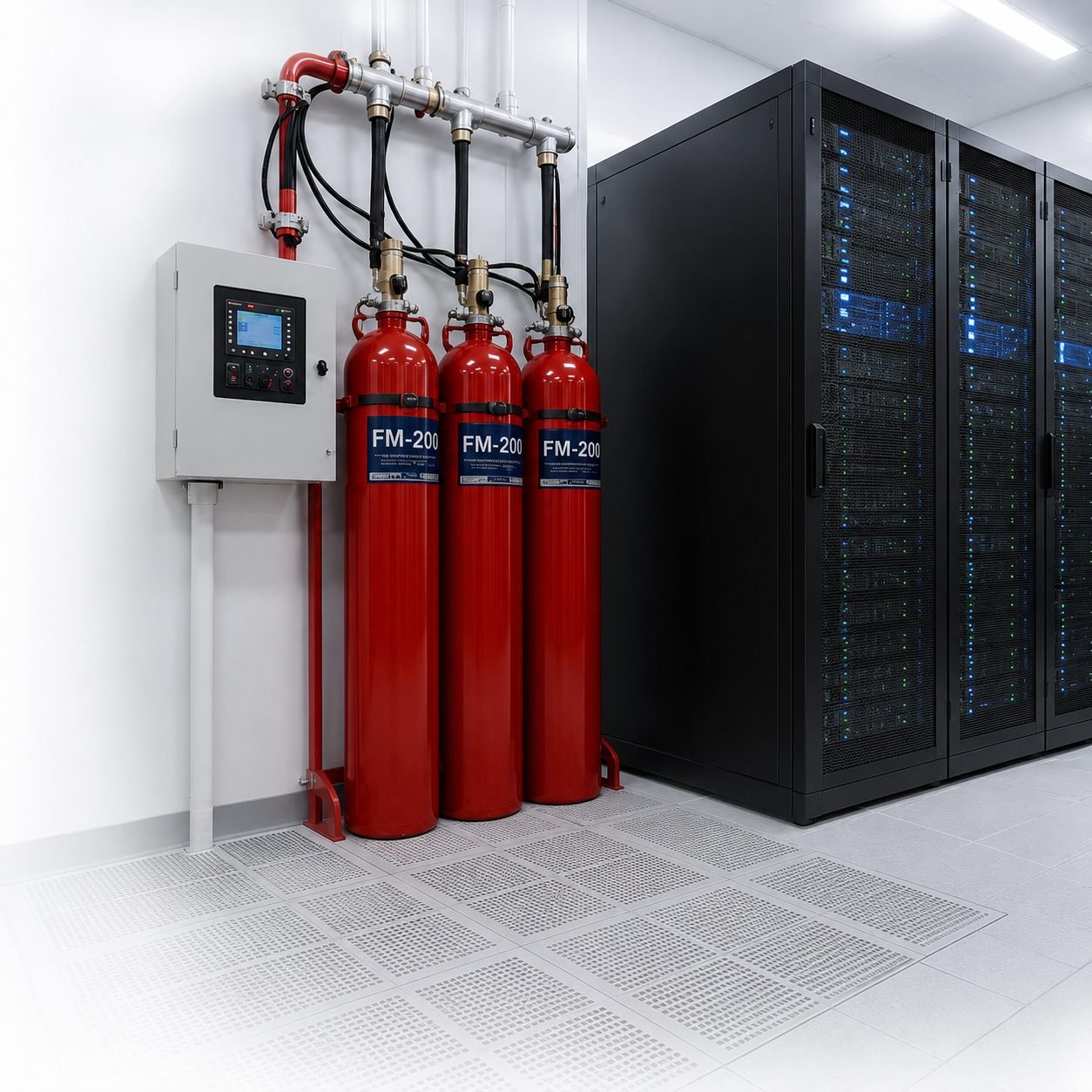 FM-200 clean agent fire suppression cylinders protecting a server room