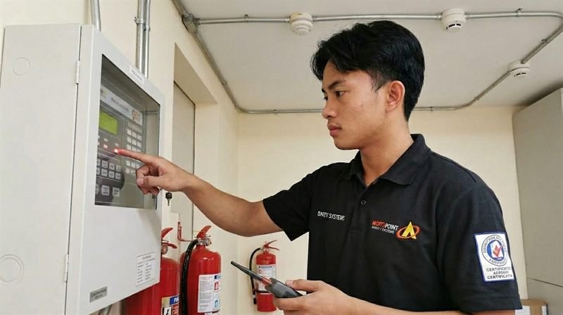North Point technician testing and commissioning a fire safety system