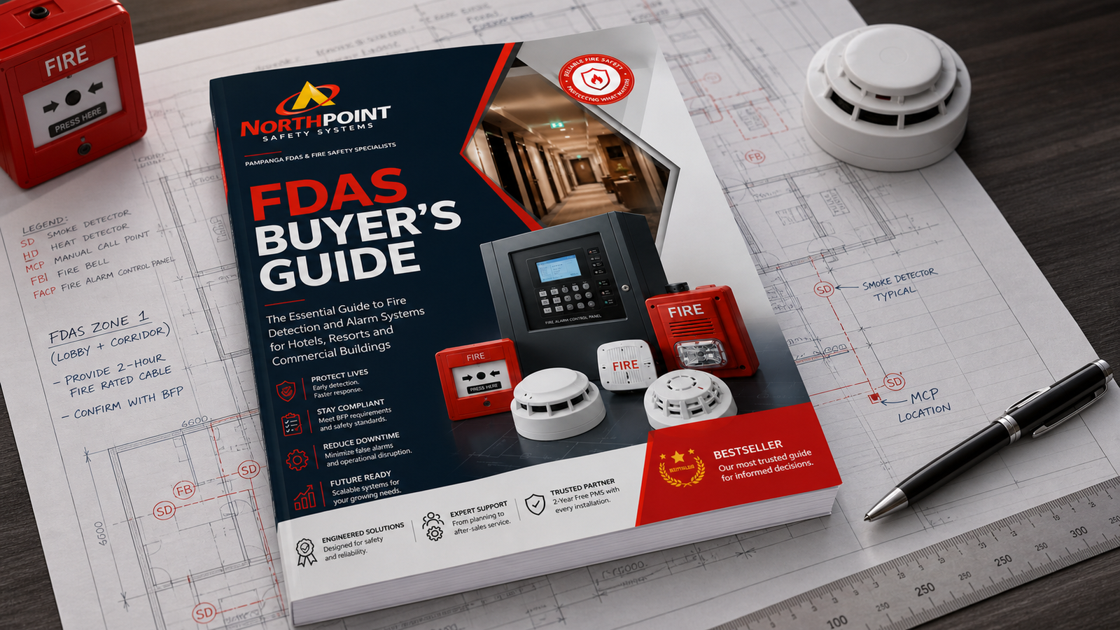North Point FDAS Buyer's Guide mockup on fire alarm plans
