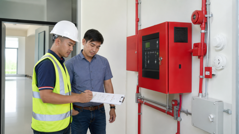 Safety technician reviewing FDAS planning documents beside a fire alarm control panel in a Pampanga commercial building