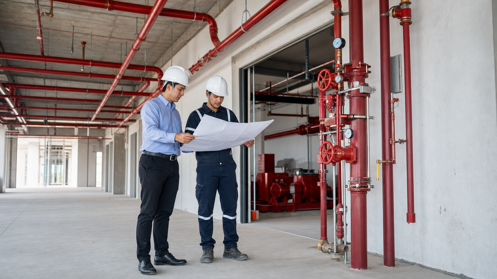 Fire protection technician reviewing sprinkler system plans beside red sprinkler piping and pump equipment in a Pampanga building