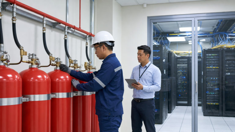 Fire suppression technician inspecting FM-200 cylinders beside a server room while a facility manager reviews maintenance notes in Pampanga