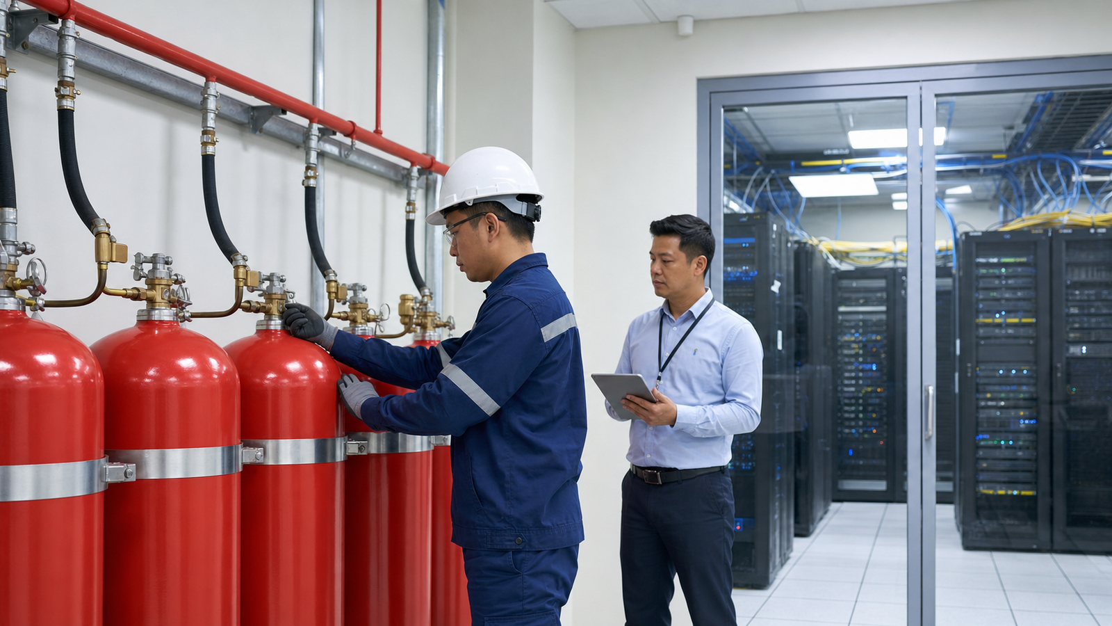 Fire suppression technician inspecting FM-200 cylinders beside a server room while a facility manager reviews maintenance notes in Pampanga